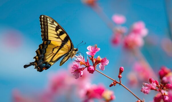 Yellow Butterfly on Pink Flowers Spring Nature