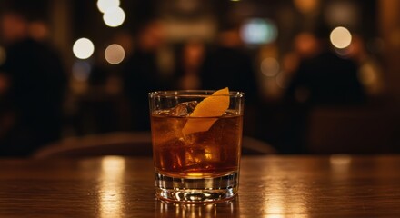 Cocktail with ice and orange peel on a wooden table