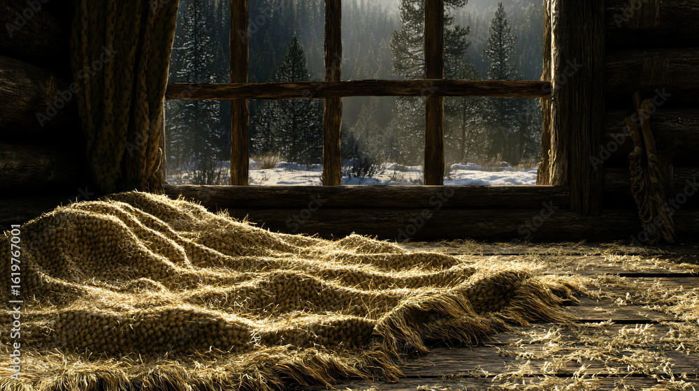 Poster cozy window with a soft blanket draped over it creating an inviting and warm atmosphere for relaxati