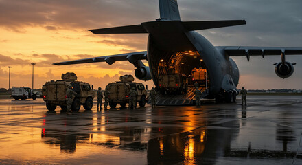 Military cargo plane loading armored vehicles on wet tarmac at sunset.