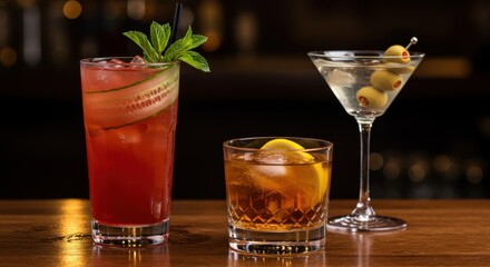 Three different cocktails on a wooden bar counter