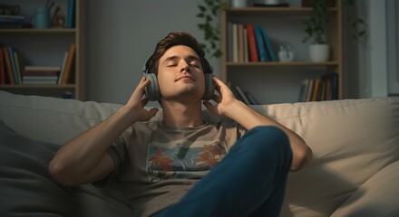 Obraz premium Relaxed Young Man Enjoying Music Wearing Headphones Indoors