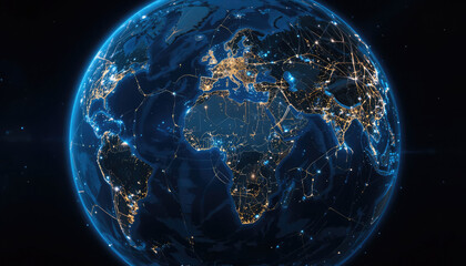 Naklejka premium A digital earth globe showing continents illuminated with city lights and network connections