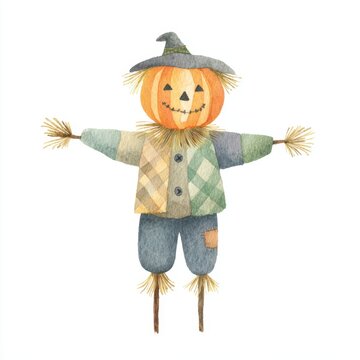 Whimsical Watercolor Scarecrow with Pumpkin Head and Patchwork Clothes on White Background - Halloween Illustration in Watercolor Style