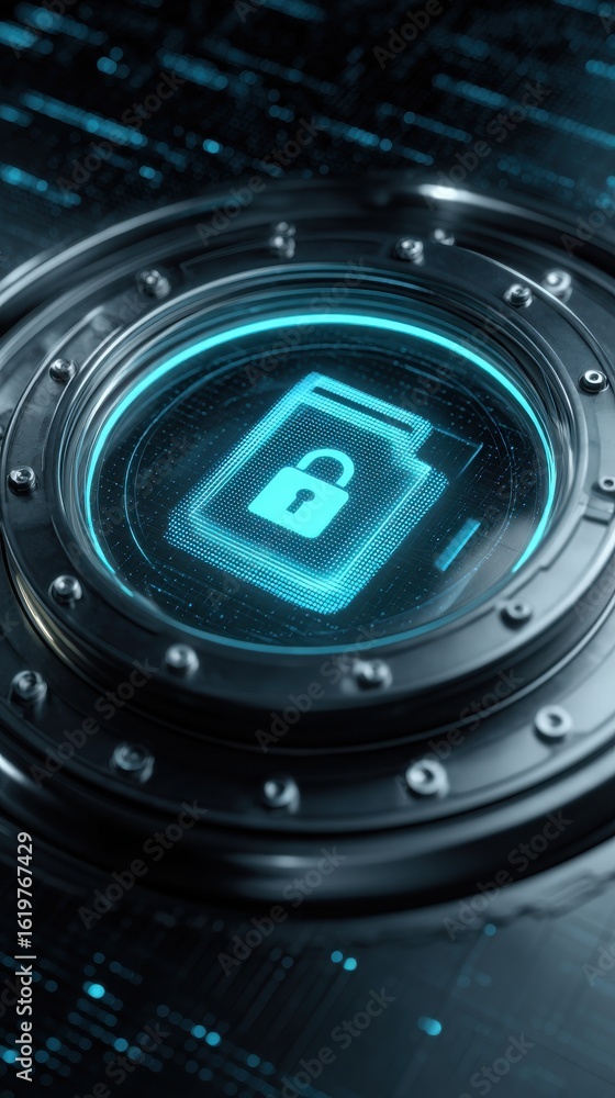 Poster futuristic digital lock symbol representing cybersecurity and data protection in modern technology d