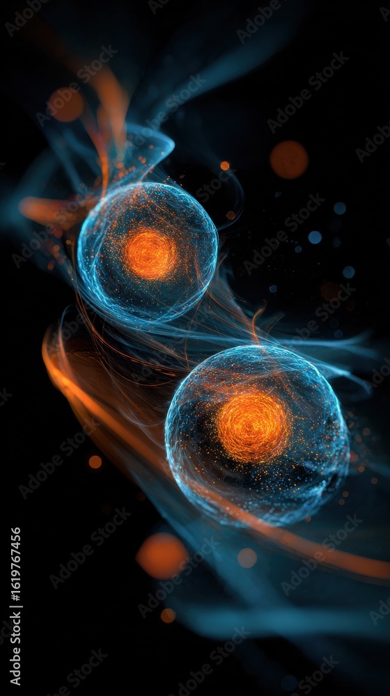 Poster abstract representation of molecular structures with glowing particles in blue and orange colors