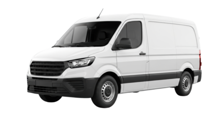 Modern, sleek white delivery van with tinted windows, matte black accents, honeycomb grille, and LED headlights, isolated on a transparent studio background with no shadows or reflections,
