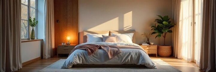 Serene bedroom interior, soft lighting, plush textiles create a peaceful and relaxing atmosphere Perfect for promoting sleep, tranquility, and well-being , bedroom decor, yoga
