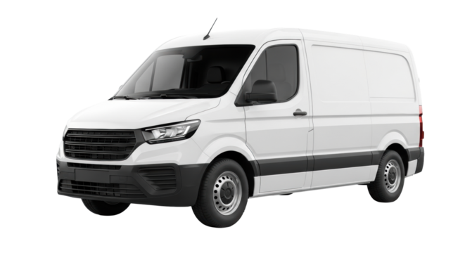 Modern, sleek white delivery van with tinted windows, matte black accents, honeycomb grille, and LED headlights, isolated on a transparent studio background with no shadows or reflections,