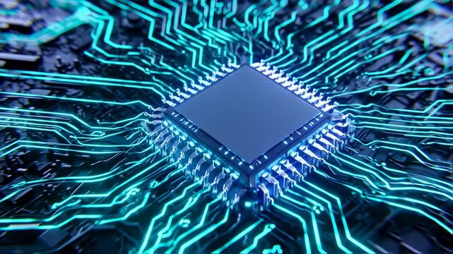 High Tech Computer Chip with Illuminated Circuitry in Bright Blue Tones