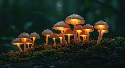 Glowing mushrooms growing on mossy log in the forest