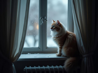 Chat roux contemplant la neige derrière une fenêtre, dans une ambiance hivernale calme et cosy