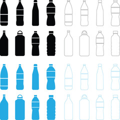 Water bottle set Icon plactic and glass bottles Plastic and aluminum bottled beverage symbol. Water, soda and juice silhouette Plastic bottle collection. Vector illustration stock illustration Eps 10