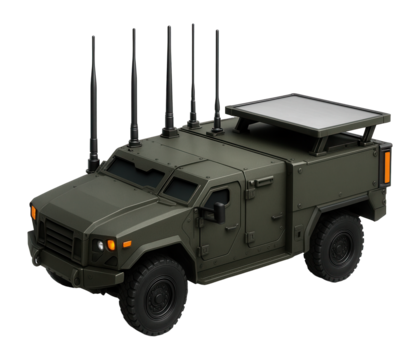 Armored command post vehicle with communication antennae and map table