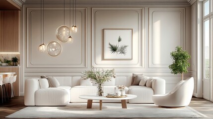 Elegant Minimalist Living Room with Scandinavian Touch Featuring Neutral Tones and Stylish Decor