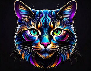 Vibrant, stylized cat portrait, colorful fur, dark background