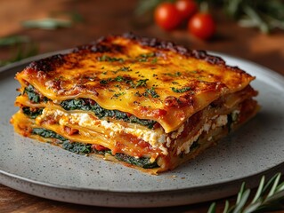 Lasagna with multiple layers of cheese and vegetables, Italian pasta
