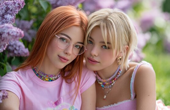 A young woman with glasses and her friend in pink shirt, red hair bow sitting on the green grass near lilac flowers eating ice cream - Powered by Adobe
