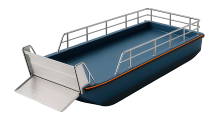 Flat-bottom landing barge with folding bow door and railing