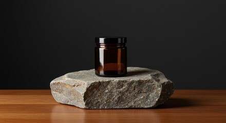 Amber jar on a stone against a dark background