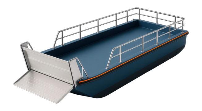 Flat-bottom landing barge with folding bow door and railing