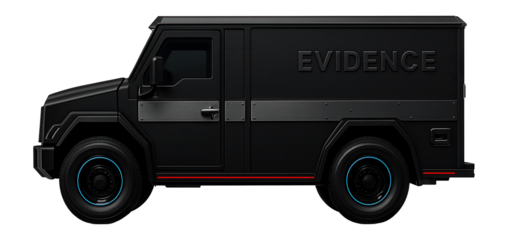 Black armored evidence transport vehicle with reinforced side panels and tinted windows