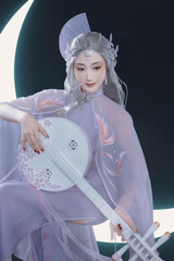 Elegant woman playing a traditional instrument in soft lighting.