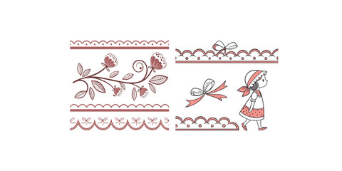 Print  Scalloped edge seamless set. borders and dividers. Simple scalloped border. Repeat cute vintage frill ornament. Texture ribbons. Vector illustration isolated on white background