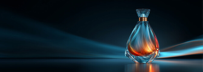 Glass perfume bottle with blue liquid for product banner
