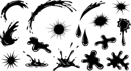 Vector art of collection of black ink splashes and splatters isolated on white background