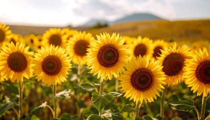 Vibrant sunflowers in a field, bathed in golden sunlight, with a mountain backdrop