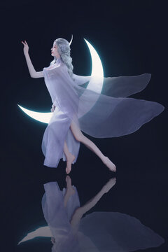 Fototapeta Elegant figure in flowing gown with crescent moon backdrop.