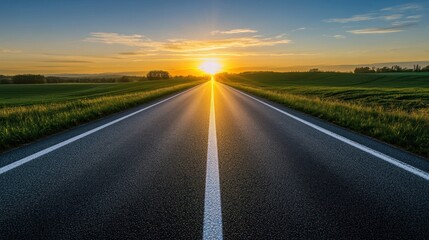 A scenic road stretches towards a vibrant sunset.