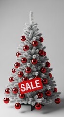 Silver christmas tree decorated with red ornaments sale sign