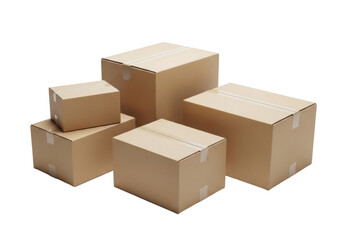 Fototapeta premium Five new, unmarked brown cardboard boxes of varying sizes, stacked or arranged in a minimalist studio with a seamless transparent background and subtle, diffuse shadows. Professional shipping and