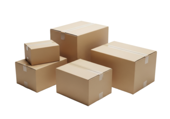 Five new, unmarked brown cardboard boxes of varying sizes, stacked or arranged in a minimalist studio with a seamless transparent background and subtle, diffuse shadows. Professional shipping and