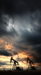 Naklejka premium Dramatic Sunset Over Oil Pump Jacks Amid Dark Clouds and Vibrant Sky Colors in an Industrial Landscape