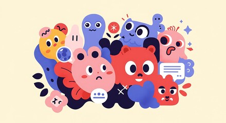 Colorful cartoon illustration featuring a group of whimsical creatures with various expressions, set against a light background with floral and abstract shapes.