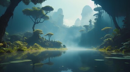 Ethereal fantasy landscape of a hidden prehistoric jungle grotto with a misty lake and serene reflections