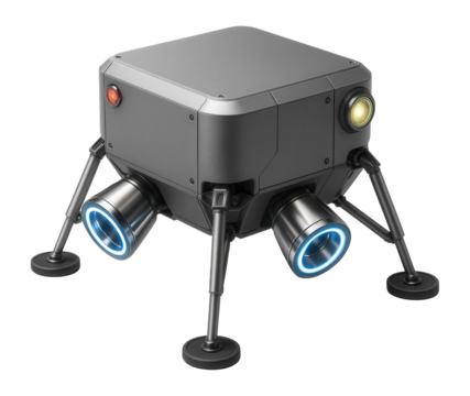 Compact lunar module with dual thrusters and navigation lights