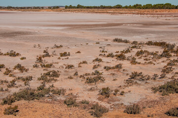 Pink salt crust and dry textured surface of Lake Bumbunga under blue sky, South Australia