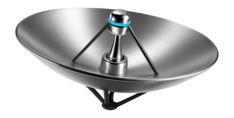 Rotating parabolic radar dish with a central feed horn and support struts