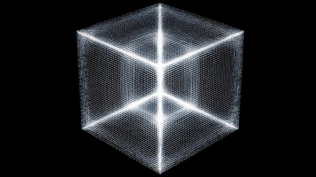 3D Wireframe Cube on Black Background with Isolated Design Elements