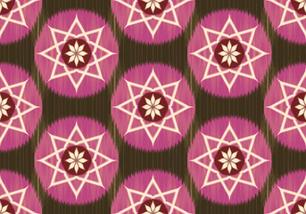 Bold ikat design with dark background and vibrant magenta circles, each featuring a floral star in beige and maroon. The intricate star formation gives the pattern a festive, handcrafted look.