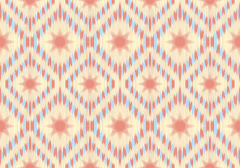 Seamless ikat pattern featuring soft beige background, with repeated eight-pointed star motifs in red, surrounded by chevron-shaped stripes in blue and coral hues. The design radiates warmth symmetry.