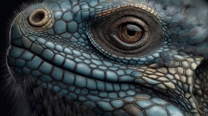 Fototapeta premium 青い鱗と毛羽立った皮膚を持つ爬虫類の目のクローズアップ | Close-up of a reptile eye with blue scales and fuzzy skin
