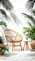 Fototapeta premium Minimal tropical bamboo furniture with lush plants on white background. 