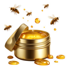 Golden Honey Jar with Bees on Transparent Background