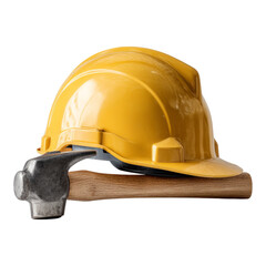 Yellow Hard Hat and Hammer on Wooden Surface