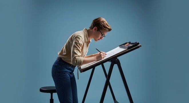 Focused Artist at Easel: Drawing with Pencil on Paper in Studio Setting, Creative Process - Powered by Adobe